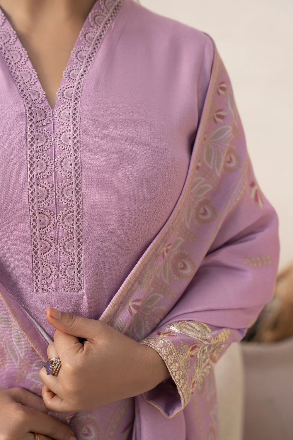 Pakistani Women’s Casual Winter Wear 3-Piece Embroidered Suit – Dhanak, Tea Pink | 1478 | Designer Rack