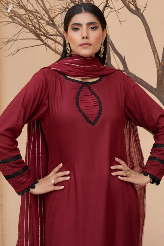 Readymade Ladies Linen Pakistani Suit-1404-Mahroon