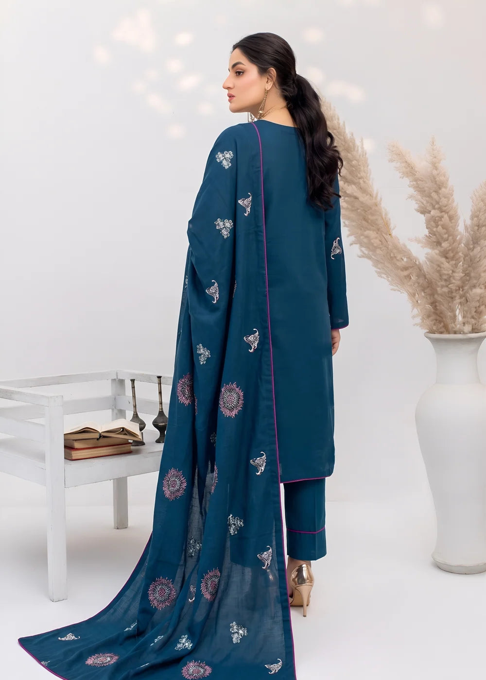 Pakistani Women’s Casual Winter Wear 3-Piece Embroidered Suit – Dhanak, Teal | 1478 | Designer Rack