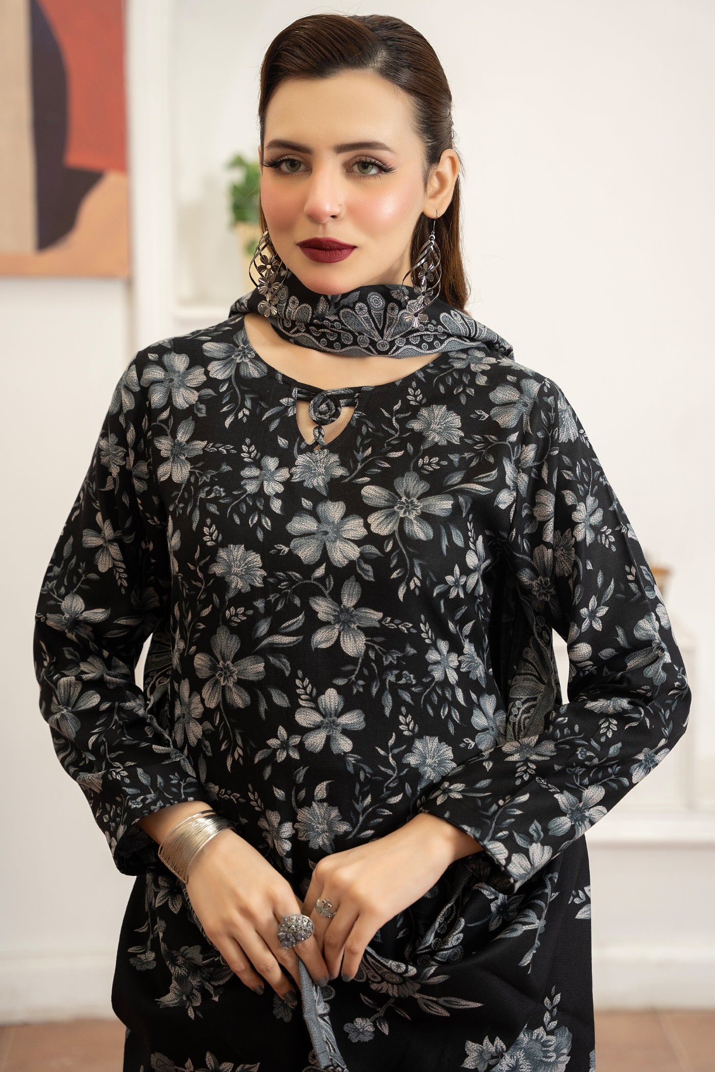 Pakistani Women’s Casual Winter Wear 3-Piece Printed Suit – Dhanak, Black | 1476 | Designer Rack