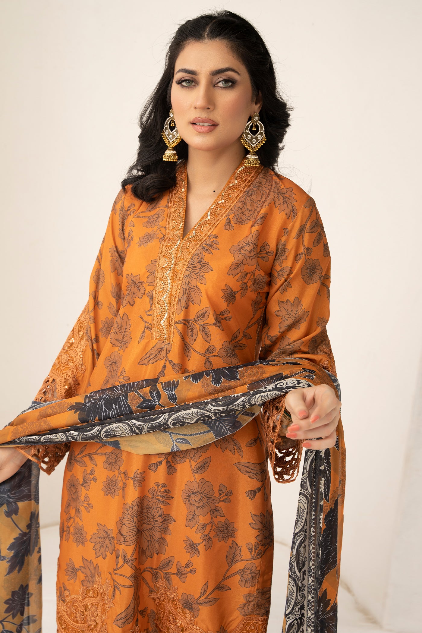 Pakistani Women’s Casual Wear 3-Piece Suit – Silk, Mustard | 1471 | Designer Rack