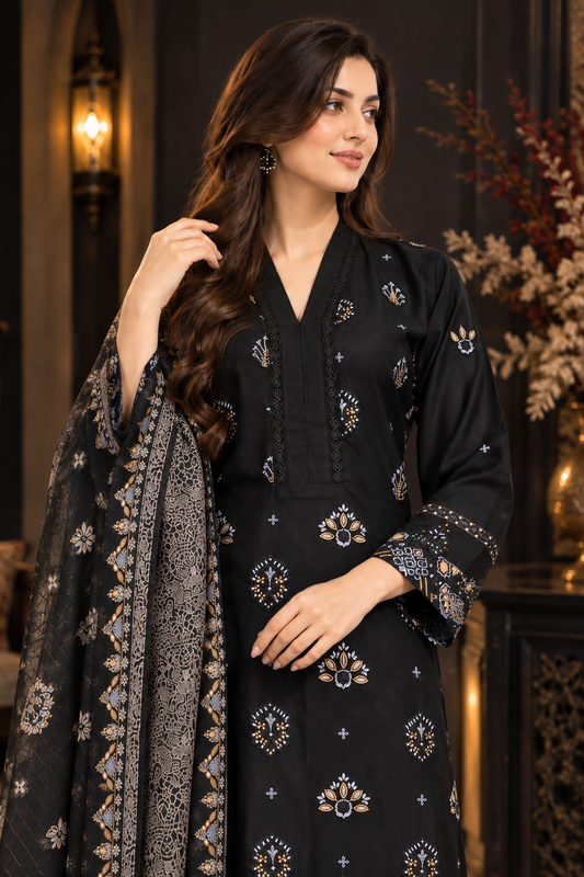 Pakistani Women's Casual Wear 3 pc Suit Linen Black | 1500 | Designer Rack