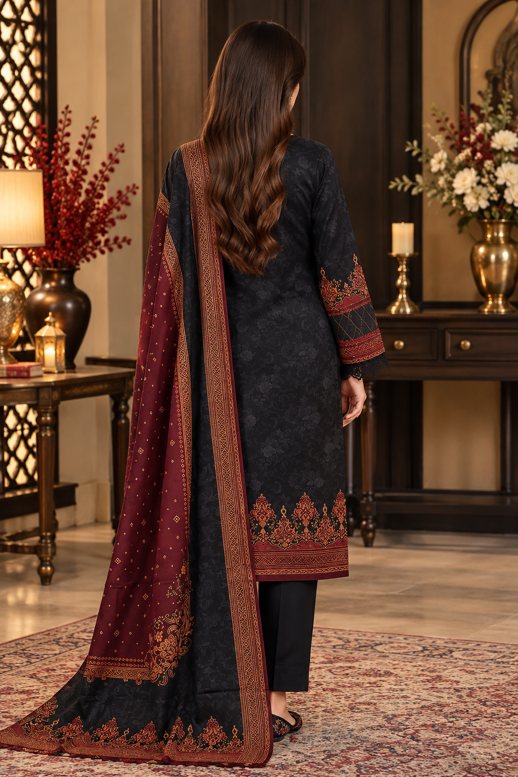 Pakistani Women's Casual Wear 3 pc Printed Embroided Black Suit | 1502 | Designer Rack