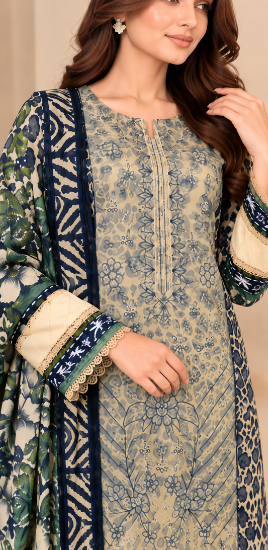 Pakistani Women's Casual Wear 3 pc Printed Embroided Cream Suit | 1502 | Designer Rack