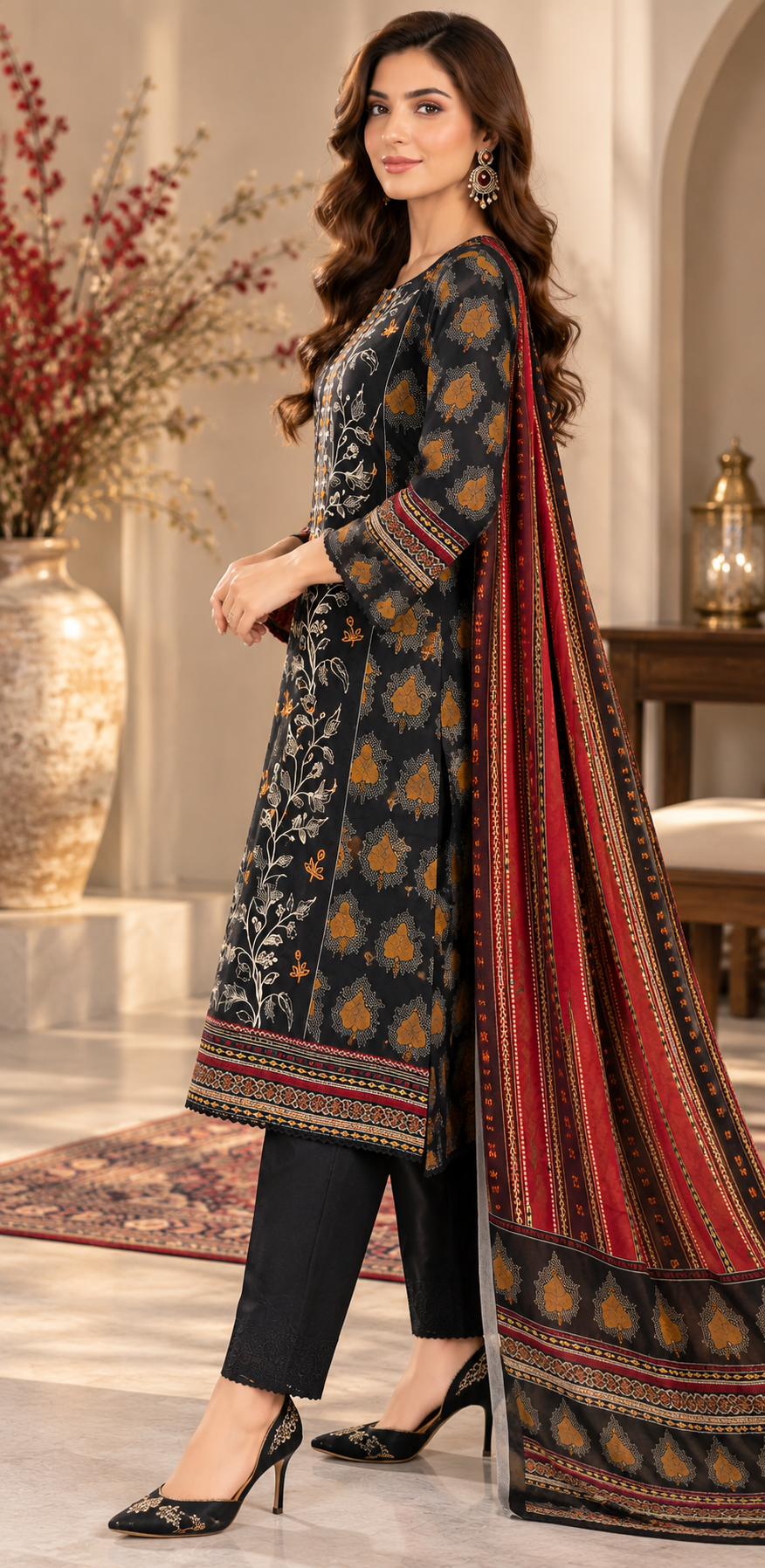 Pakistani Women’s Casual Winter Wear 3-Piece Embroidered Suit – Dhanak, Black | 1505 | Designer Rack