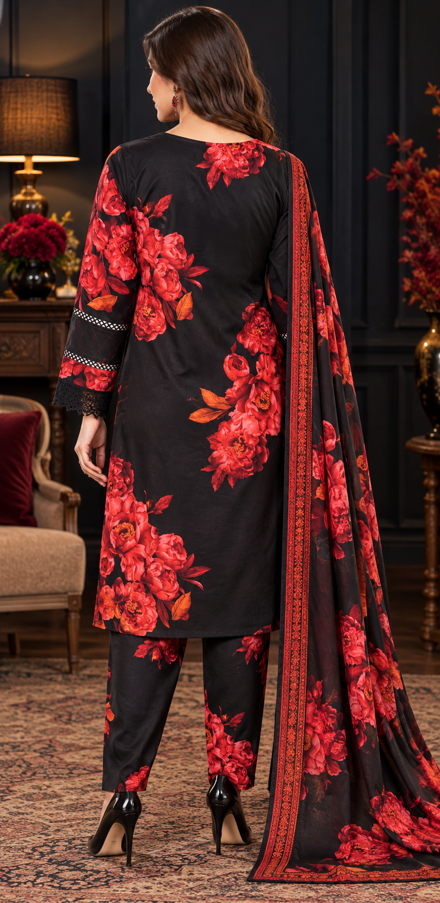 Pakistani Women's Casual Wear 3 pc Printed Embroided Black & Red Printed Suit | 1502 | Designer Rack