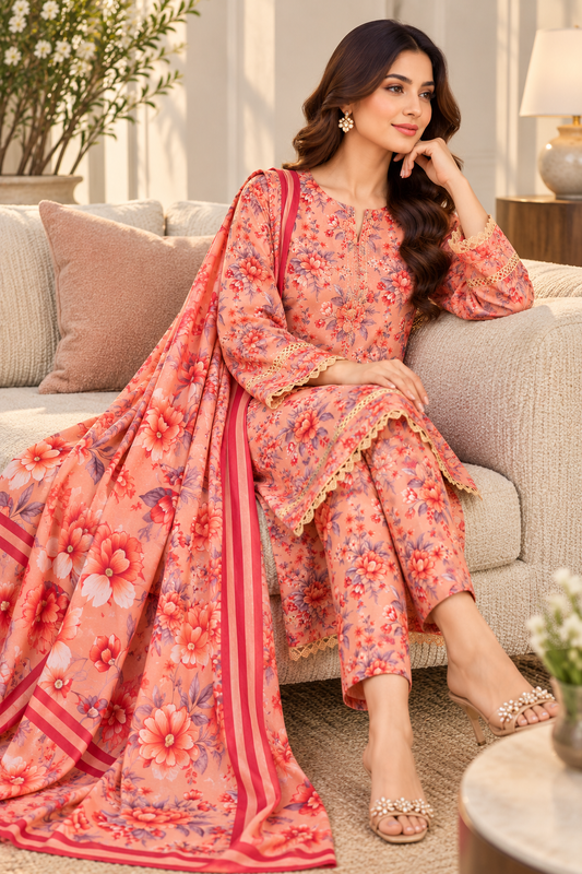 Pakistani Women's Casual Wear 3 pc Printed Embroided Pink Suit | 1502 | Designer Rack