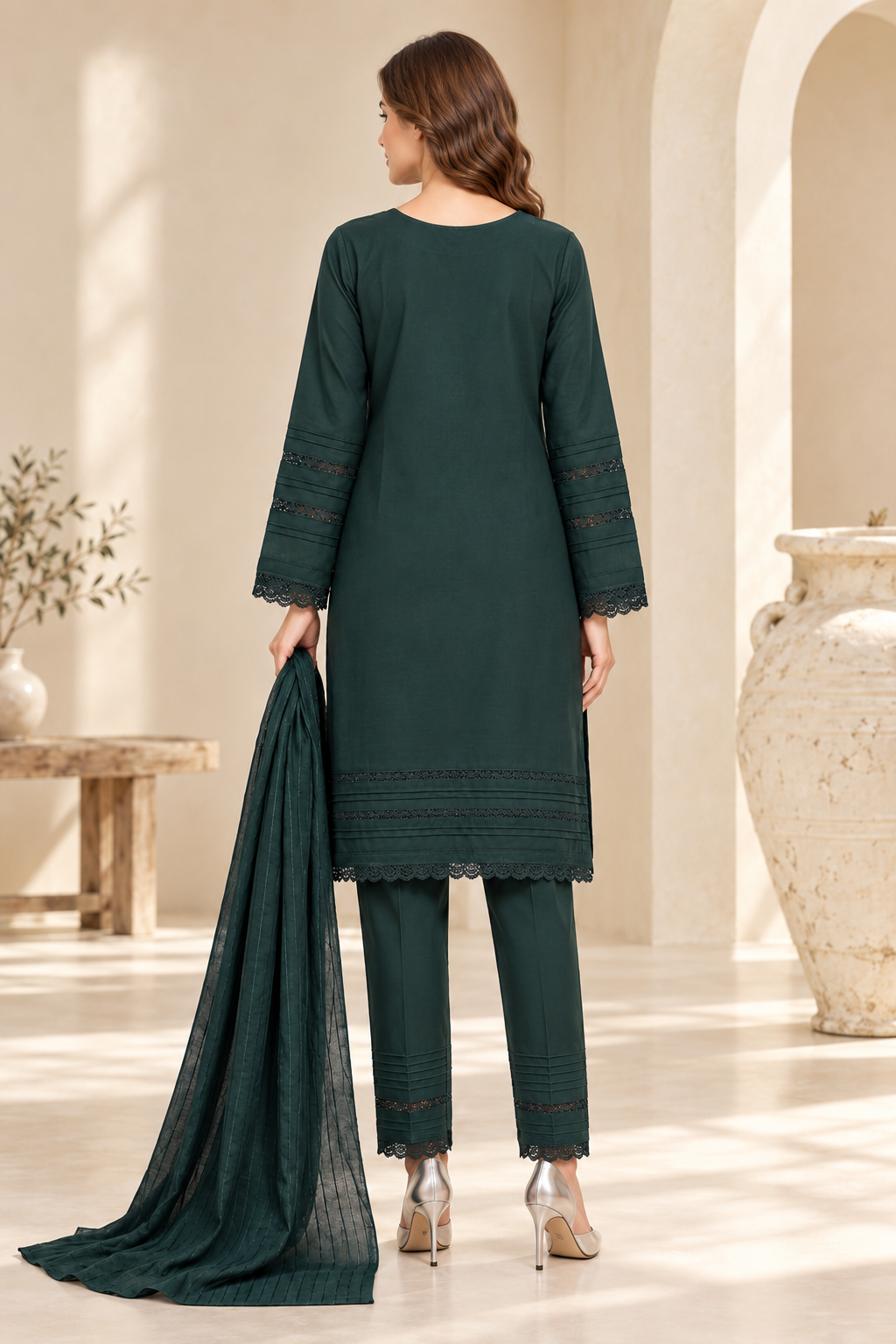 Pakistani Women's Casual Wear 3-Piece Suit - Linen, Green | 1504 | Designer Rack