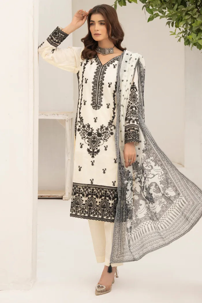 Pakistani Women's Casual Wear 3-Piece Suit - Lawn, White Black