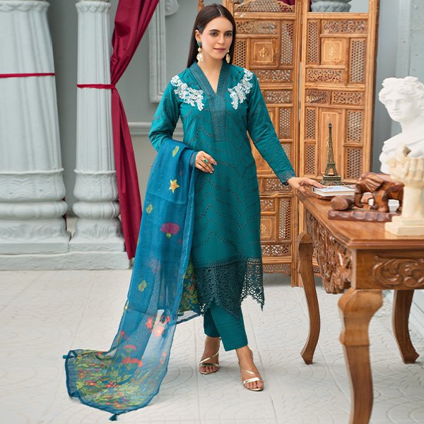 Maria B Leaser Cut Chikin kari Embroidered Lawn 1468 Peacock