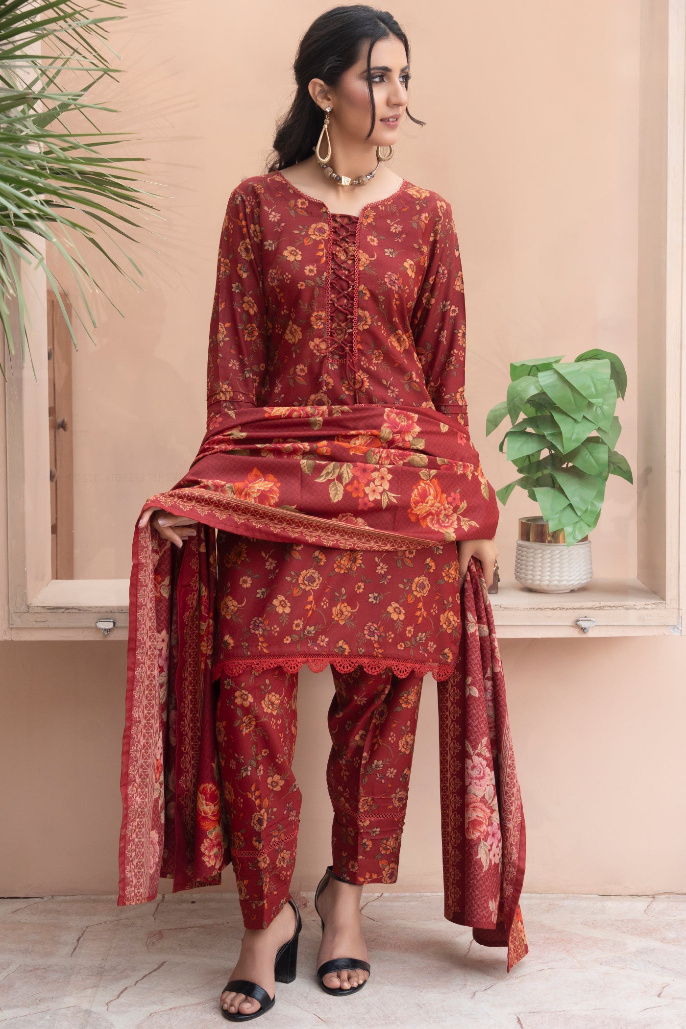 Pakistani Red Floral Printed Dhanak Suit for Women – Winter Designer Collection