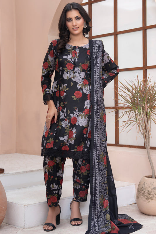 Pakistani Black Floral Printed Dhanak Suit for Women – Winter Designer Collection