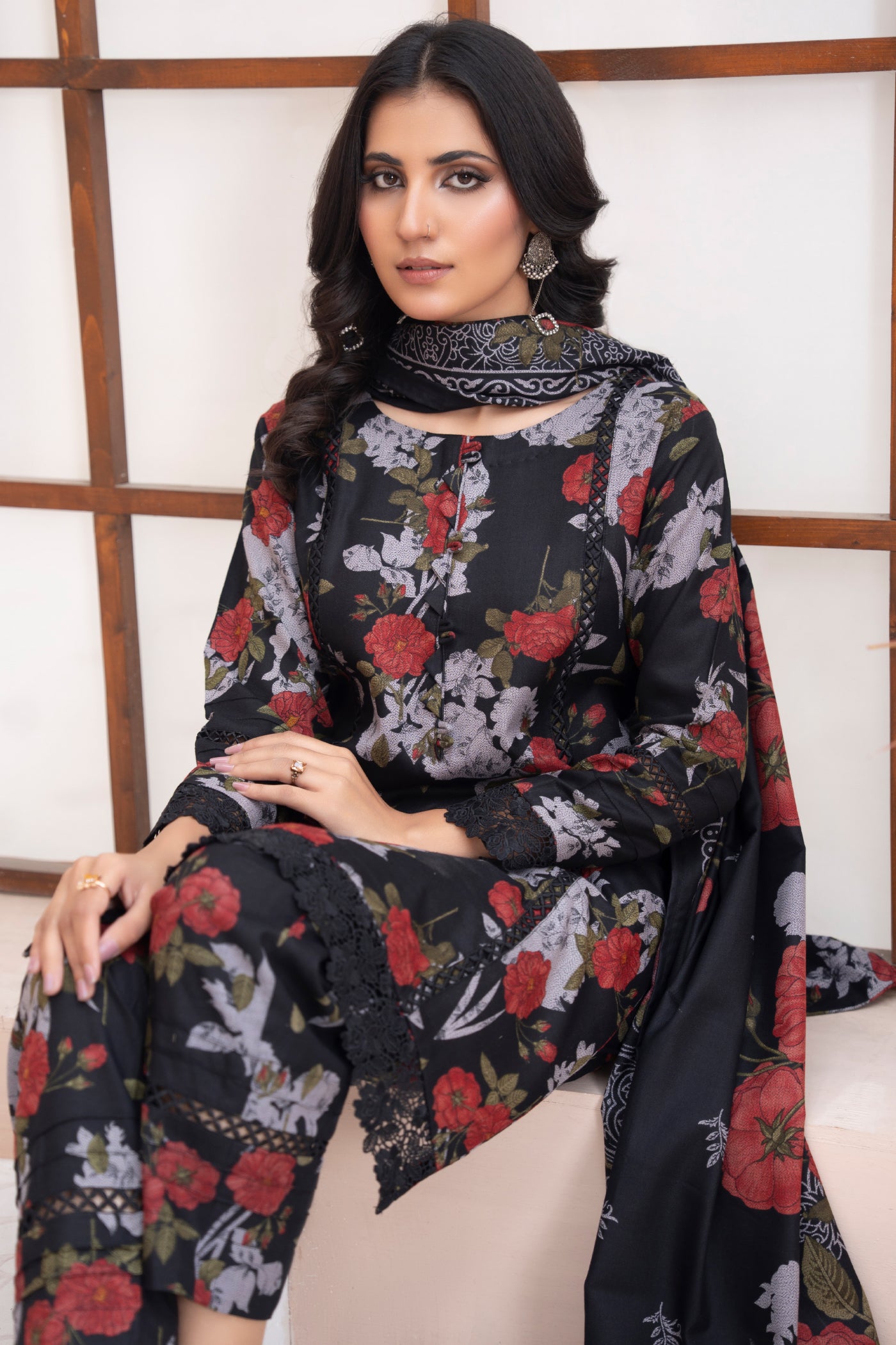 Pakistani Black Floral Printed Dhanak Suit for Women – Winter Designer Collection