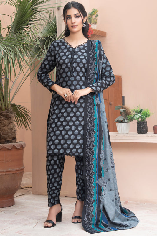 Pakistani Black Grey Floral Printed Dhanak Suit for Women – Winter Designer Collection