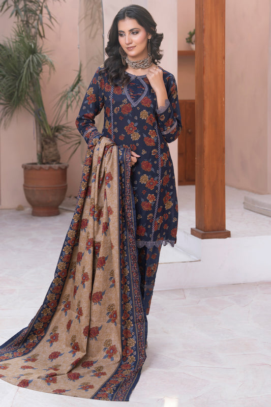 Pakistani Blue Floral Printed Dhanak Suit for Women – Winter Designer Collection