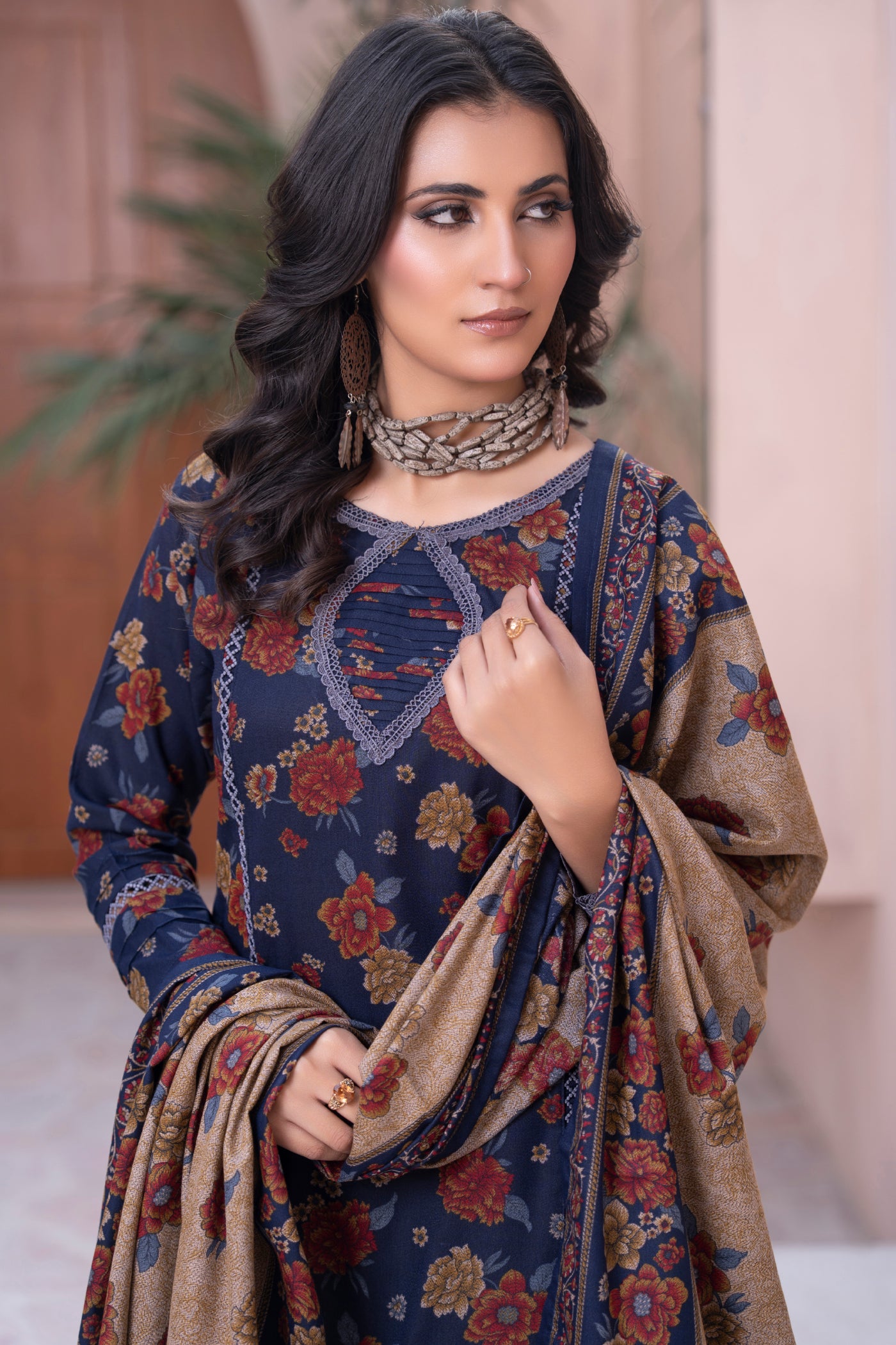 Pakistani Blue Floral Printed Dhanak Suit for Women – Winter Designer Collection