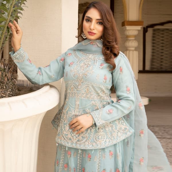Pakistani Women’s Party Wear Lehenga – Organza, Ice Aqua | Designer Rack