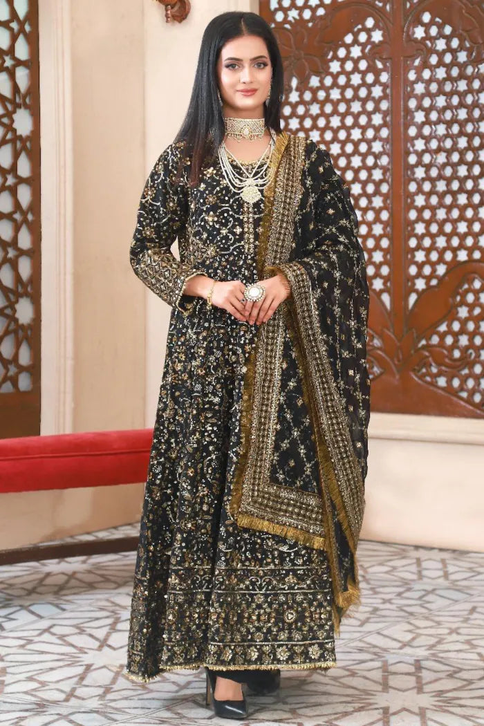 slim fit dress slacks Pakistani Women's Party Wear 3-Piece Maxi Dress - Chiffon, Black
