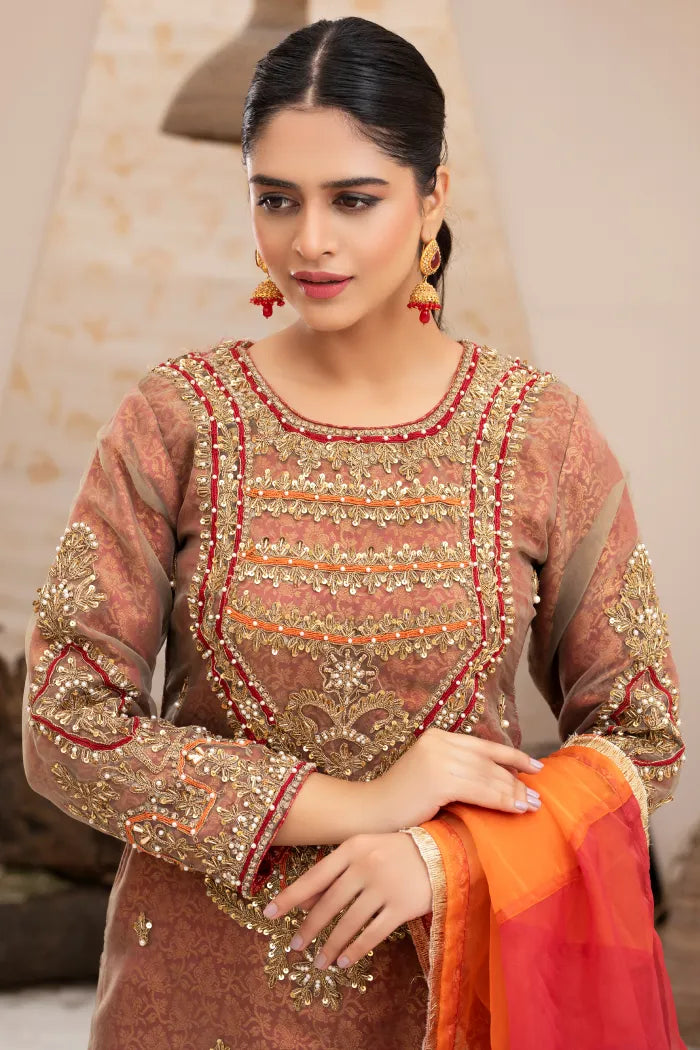 Pakistani Women’s Party Wear Ghararah Suit – Organza, Orange Red | 1441 | Designer Rack