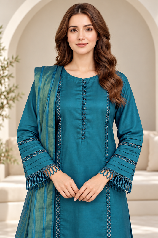 Pakistani Women's Casual Wear 3-Piece Suit - Linen, Teal | 1504 | Designer Rack