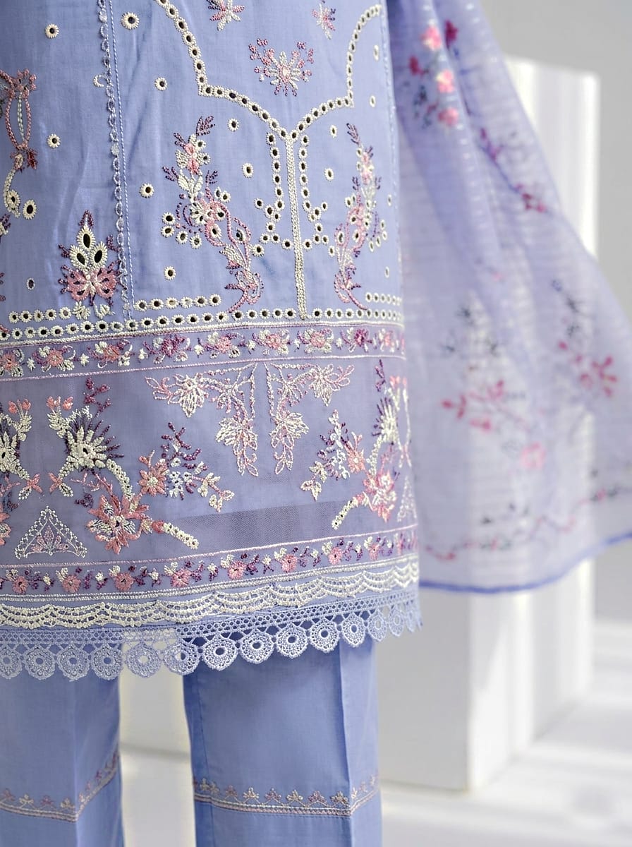 Pakistani Women's Casual Wear 3-Piece Suit - Cotton, SKY Blue | 1491 | Designer Rack