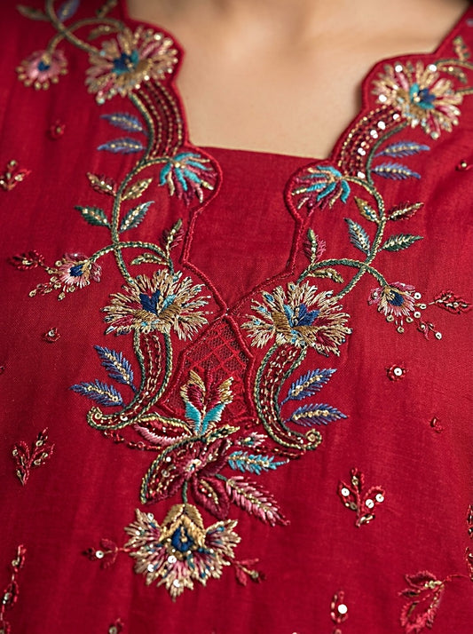 Pakistani Women's Casual Wear 3-Piece Suit - Cotton, Red | 1491 | Designer Rack