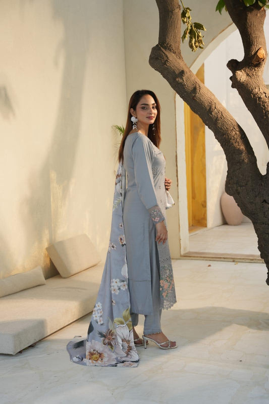 Pakistani Women's Casual Wear 3-Piece Suit - Cotton, Gray| 1491 | Designer Rack