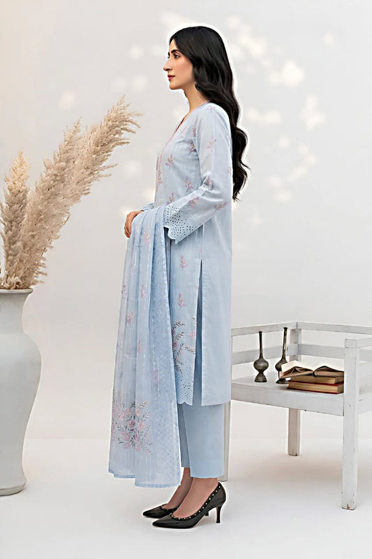 Pakistani Women's Casual Wear 3 pc Suit Linen Sky Blue | 1500 | Designer Rack