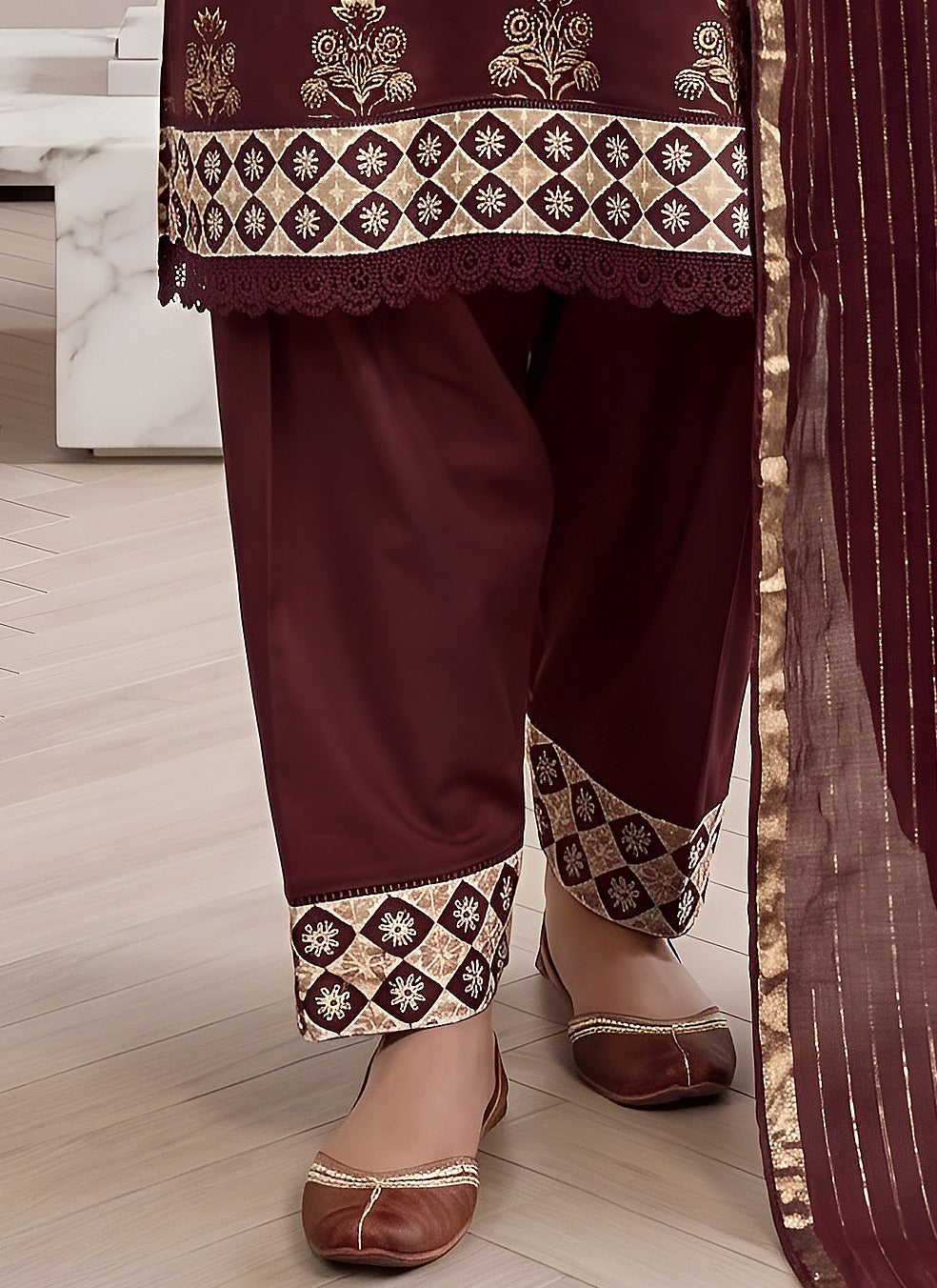 Pakistani Women's Casual Wear 3 pc Suit Cambric Cotton Marron| 1501 | Designer Rack