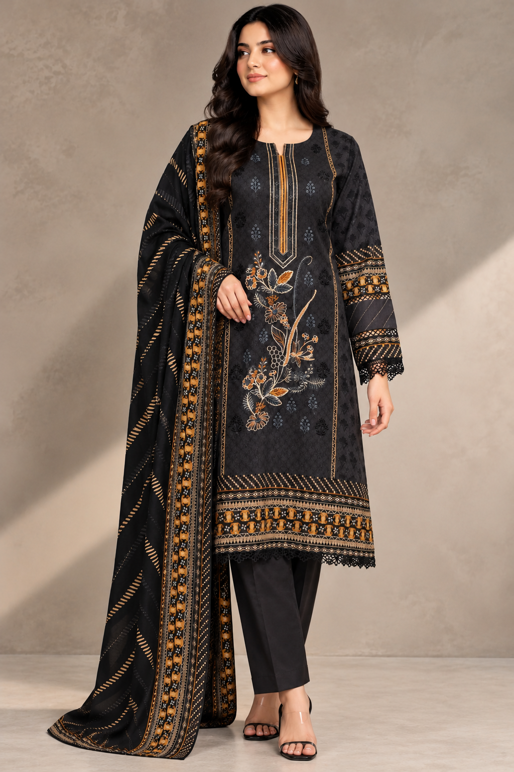Black Embroidered Dhanak Winter Suit – UK Winter Fashion.