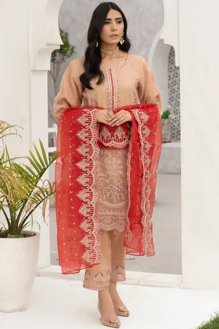 Pakistani Organza Suit Imrozia-1406-Dark Beige
