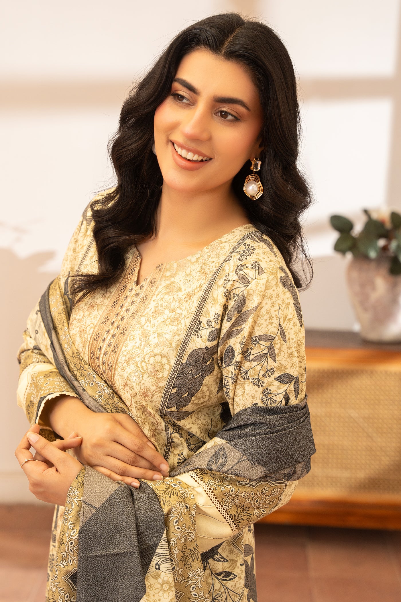Pakistani Women’s Casual Winter Wear 3-Piece Embroidered  Suit – Dhanak, Beige | 1477 | Designer Rack