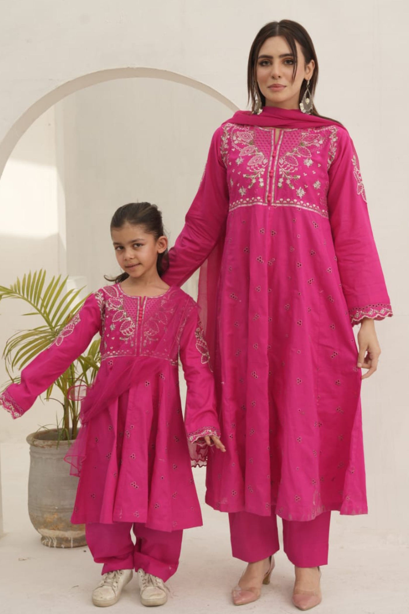 Pakistani Women’s Casual Wear 3-Piece Suit, Mother & Daughter Collection – Lawn, Pink | 1469 | Designer Rack