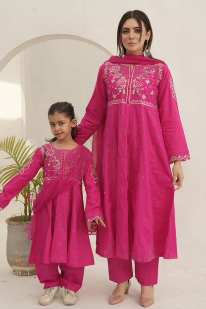 Pakistani Women’s Casual Wear 3-Piece Suit, Mother & Daughter Collection – Lawn, Pink | 1469 | Designer Rack