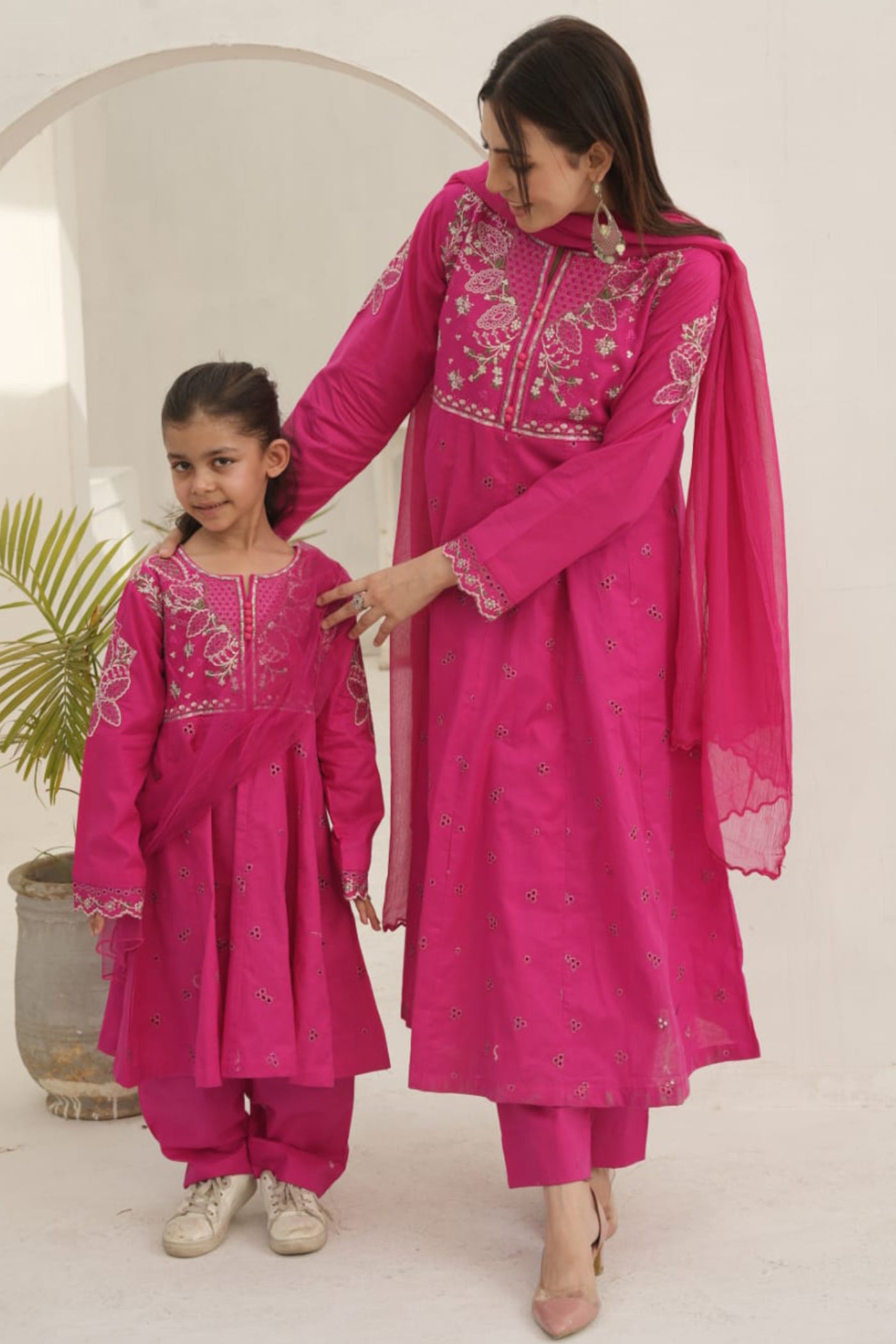 Pakistani Women’s Casual Wear 3-Piece Suit, Mother & Daughter Collection – Lawn, Pink | 1469 | Designer Rack