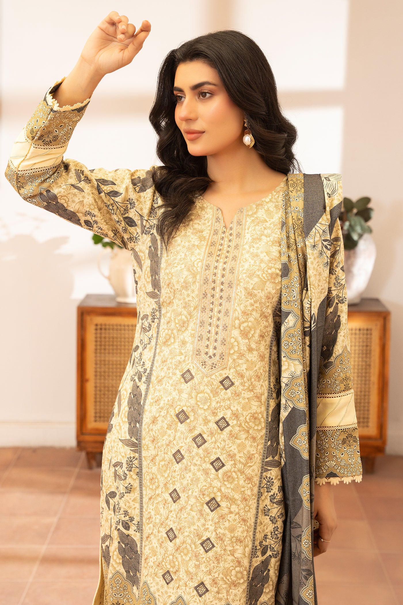 Pakistani Women’s Casual Winter Wear 3-Piece Embroidered  Suit – Dhanak, Beige | 1477 | Designer Rack