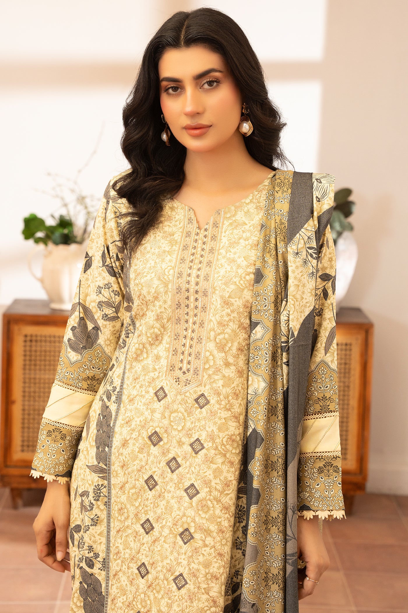Pakistani Women’s Casual Winter Wear 3-Piece Embroidered  Suit – Dhanak, Beige | 1477 | Designer Rack