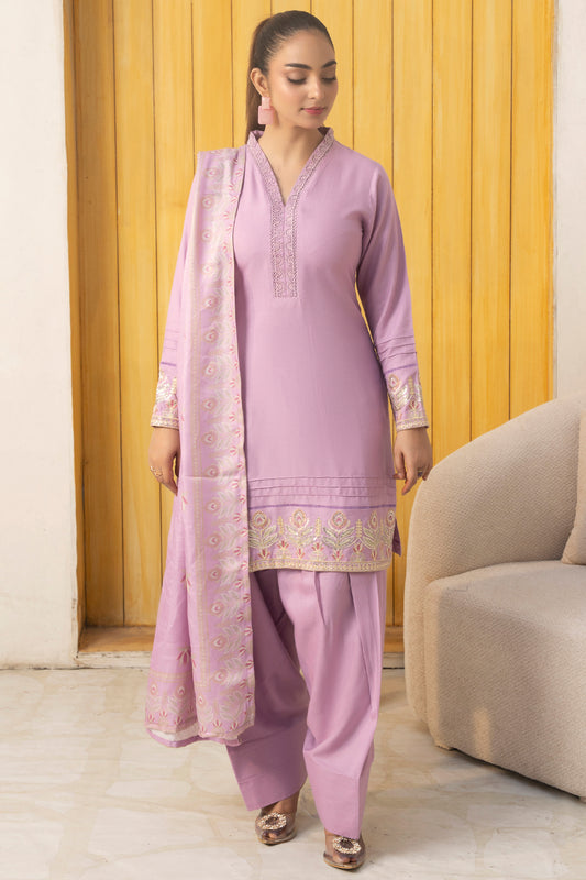 Pakistani Women’s Casual Winter Wear 3-Piece Embroidered  Suit – Dhanak, Tea Pink | 1478 | Designer Rack