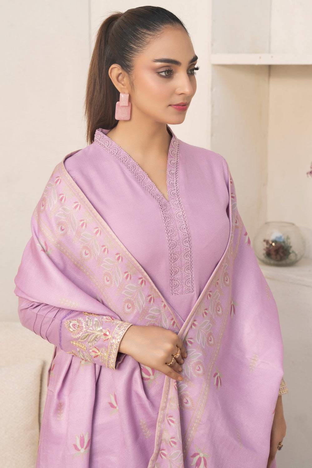 Pakistani Women’s Casual Winter Wear 3-Piece Embroidered  Suit – Dhanak, Tea Pink | 1478 | Designer Rack