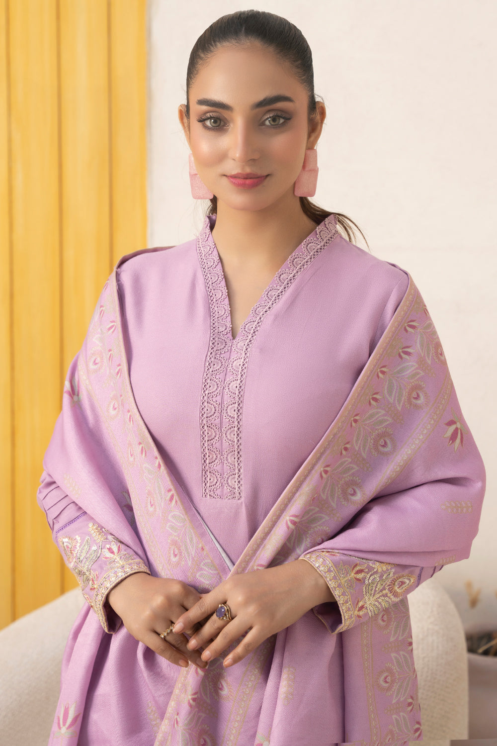 Pakistani Women’s Casual Winter Wear 3-Piece Embroidered  Suit – Dhanak, Tea Pink | 1478 | Designer Rack