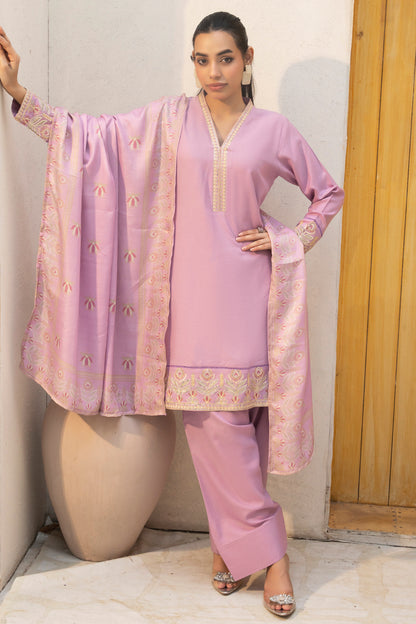 Pakistani Women’s Casual Winter Wear 3-Piece Embroidered  Suit with Farshi Shalwar – Dhanak, Tea Pink | 1478 | Designer Rack