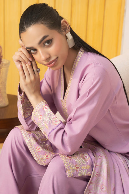 Pakistani Women’s Casual Winter Wear 3-Piece Embroidered  Suit with Farshi Shalwar – Dhanak, Tea Pink | 1478 | Designer Rack