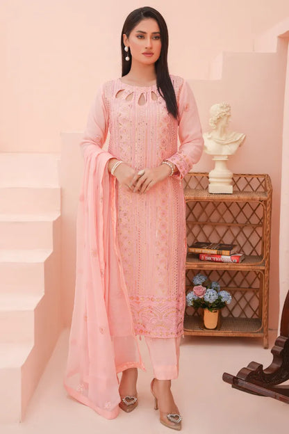 Pakistani Women’s Party Wear 3-Piece Suit – Chiffon, Pink | Designer Rack