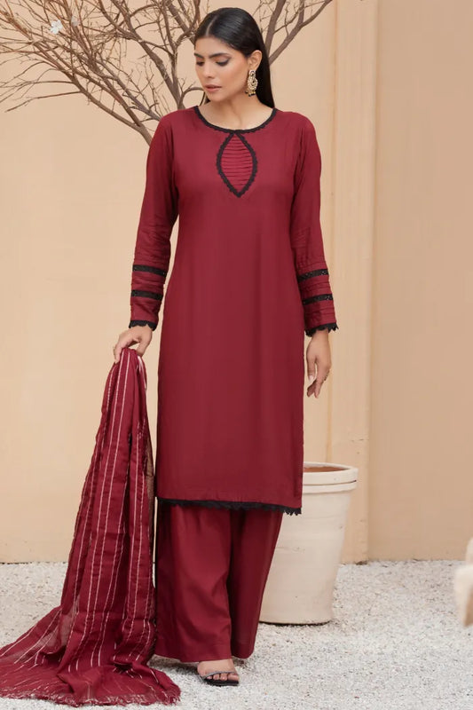 Readymade Ladies Linen Pakistani Suit-1404-Mahroon