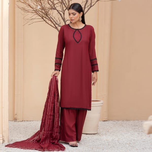 Readymade Ladies Linen Pakistani Suit-1404-Mahroon