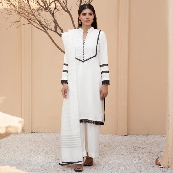 Readymade Ladies Linen Pakistani Suit-1404-White