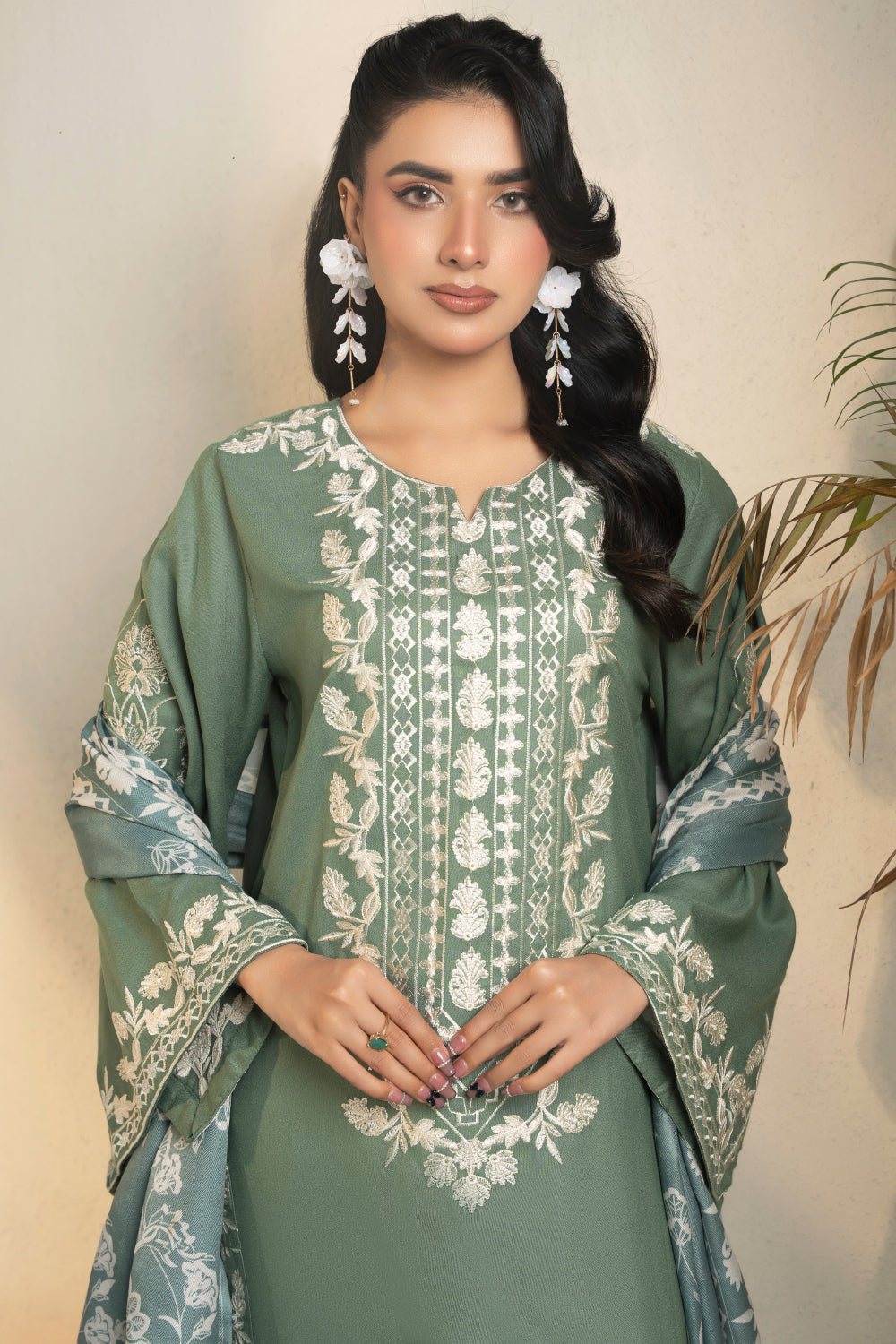 Pakistani Women’s Casual Winter Wear 3-Piece Embroidered  Suit – Dhanak, Sea Green | 1478 | Designer Rack