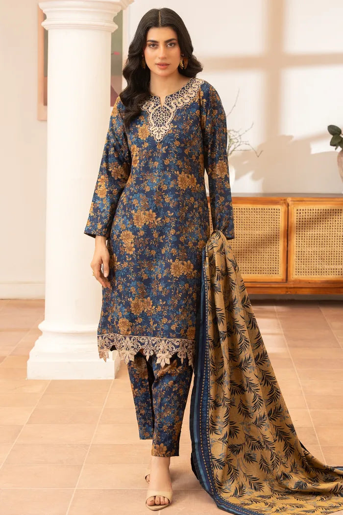 Pakistani Women’s EID Winter Wear  3-Piece Printed Suit – Dhanak, Blue | 1476 | Designer Rack (Copy)