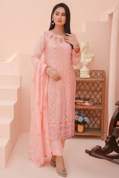 Pakistani Women’s Party Wear 3-Piece Suit – Chiffon, Pink | Designer Rack