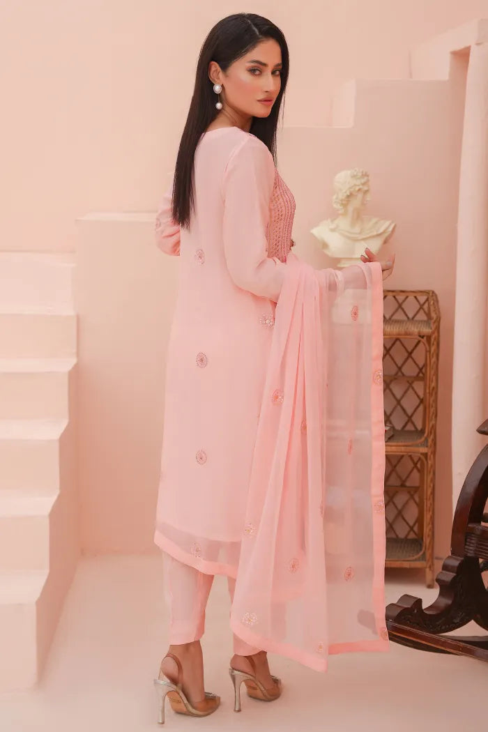 Pakistani Women’s Party Wear 3-Piece Suit – Chiffon, Pink | Designer Rack